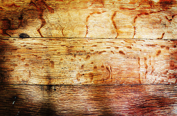 Image showing Wood, floor and closeup on texture with detail of grain and pattern in material on ground in background. Wooden, board or flooring for deck as wallpaper or surface of woodworking piece with nobody