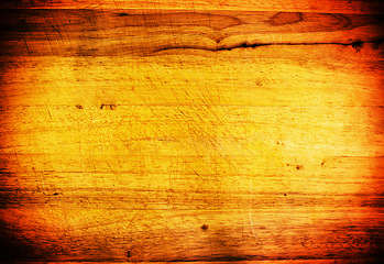 Image showing Wood, floor and closeup on texture with detail surface and grain pattern in material on ground or background. Wooden, board or flooring for deck as wallpaper or table for woodworking with nobody