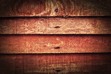 Image showing Close up, wood and wall for architecture, abstract and texture for design house build. Oak, pattern or stained timber or pine for exterior of cabin, decoration or carpentry for panelling for home