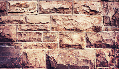 Image showing Closeup, brick wall or design with structure, architecture or pattern with building or brick. Empty, cement or light with stone or color with solid or exterior with texture or concrete with wallpaper