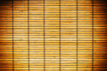 Image showing Wallpaper, bamboo and texture with wooden blinds for shade, cover or pattern of abstract wall, design or color background. Detail of wood surface, stripes and lines with exterior or modern curtains