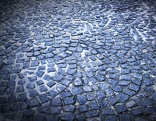 Image showing Concrete, stone and flooring with square bricks for construction, asphalt or texture of urban pattern. Closeup of exterior or shape of solid tar, street or sidewalk in the outdoor city or town