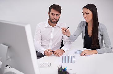 Image showing Business, collaboration and data analysis on computer with teamwork or conversation in finance office. Accounting, report and people review financial spreadsheet together or planning a project budget