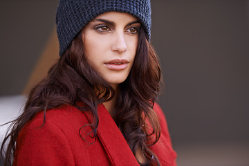 Image showing Thinking, fashion and beauty with woman in winter and travel city with creative style in red coat. Streetwear, clothes and girl outdoor planning with confidence and pride in New York morning