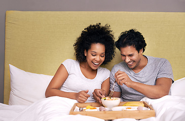 Image showing Bed, breakfast and couple with smile for fruit, nutrition and healthy with food for eating in morning. Bedroom, man and woman with happiness for romance, wellness and girl with male person to relax