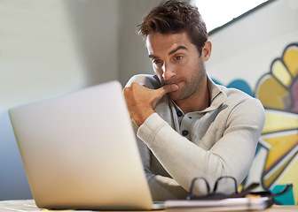 Image showing Man, laptop or thinking of business, planning or solution to tech glitch, research or questions at desk. Businessman, computer or vision of startup, idea or professional communication in remote work