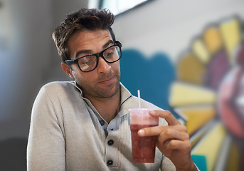 Image showing Choice, drink and smoothie for man, breakfast and healthy for diet of strawberry, fruit and show of beverage. Male person, guy and adult relax with blended cocktail for energy, wellness and nutrition