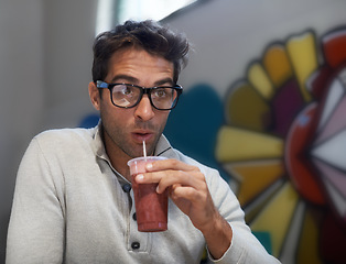 Image showing Man, relax or vision as thinking, drink or planning of natural brain food as healthy milkshake. Entrepreneur, idea or fruit smoothie in coffee shop to dream of organic, nutrition or detox opportunity