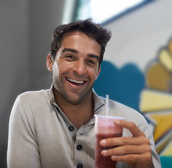 Image showing Portrait, drink and smoothie for man with smile for healthy diet of strawberry, fruit and show of beverage. Male person, guy and adult relax with blended cocktail for energy, wellness and nutrition