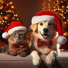 Image showing dog and a cat with santa hats