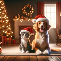 Image showing dog and a cat with santa hats