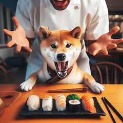 Image showing shiba inu customer is unhappy with sushi