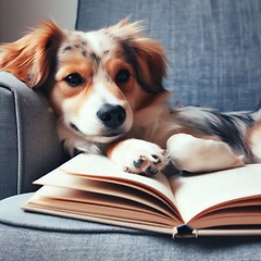 Image showing dog reading book on sofa