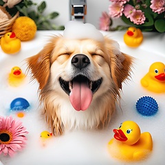 Image showing happy dog in bubble bath