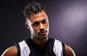 Image showing Man, athlete and thinking confidence for exercise as basketball player or professional, pride or black background. Male person, thoughts and workout training or sport game, fitness or mockup space