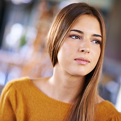 Image showing Home, thinking and woman with ideas, decision and choice with peace and relax in a living room. Person, apartment and girl with wonder and anxiety with thoughts and brainstorming with weekend break