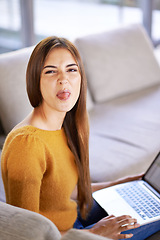 Image showing Tongue out, sofa and portrait of student with laptop for elearning, remote class or research for project. Woman, digital technology and face with emoji for playful, fun and online course on website