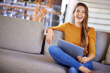 Image showing Portrait, home and woman with a laptop, smile and connection with research in a living room. Person, apartment and girl with a computer and online learning with website information, tech or education