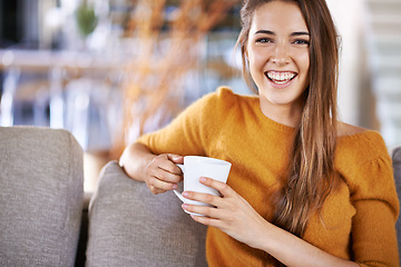 Image showing Woman, coffee and portrait on couch in home, peace and relax on weekend in apartment. Female person, happy and drinking tea or latte for self care, hot chocolate and resting on morning sofa in lounge