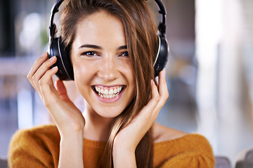 Image showing Woman, headphones and portrait for audio in home, relax and streaming radio for music or sound. Female person, couch and listening on sofa for peace, comfortable and hearing jazz playlist on weekend