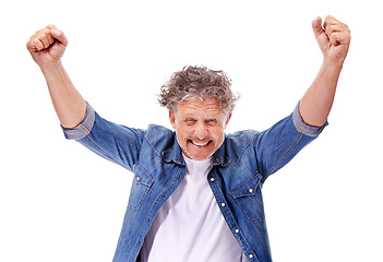 Image showing Senior man, portrait and excited for winning with arms raised, cheers and happiness on white background. Fist pump, success and celebration in studio, achievement or opportunity with bonus and reward