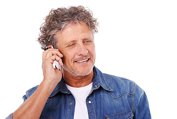 Image showing Phone call, old man and communication with contact, speaking and guy isolated on white studio background. Mature person, mockup space and model with smartphone and connection with digital app ot talk