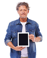 Image showing Senior man, portrait and tablet for mockup, advertising and technology with app, website ads and screen on white background. Digital marketing, UX and internet connectivity in studio with online news