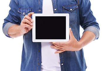 Image showing Hands, man and showing tablet with screen, closeup and person isolated on white studio background. Guy, technology and model with internet or opportunity with social media, network or website info