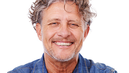 Image showing Studio, portrait and happy senior man, elderly male person in retirement relaxing. Joyful, cheerful laughing pensioner with bright smile, natural aging and face on confident guy with mockup space