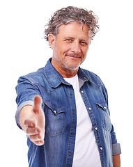 Image showing Senior man, portrait and handshake for partnership, offer or welcome with introduction and gratitude on white background. Hello, thank you and shaking hands with trust, support and motivation