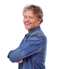 Image showing Portrait, confidence and smile of mature man laughing in studio isolated on a white background. Arms crossed, funny and face of happy person in casual clothes or denim jacket for fashion in Canada