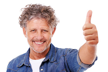 Image showing Senior man, portrait and thumbs up, feedback or opinion with hand gesture for agreement on white background. Yes, success and vote with smile, motivation and thank you for positive review in studio