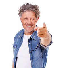 Image showing Senior man, portrait and pointing at you, choice or selection with invitation to join us isolated on white background. Decision, motivation and smile with feedback, voting or offer with opportunity