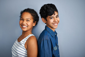 Image showing Happy family, siblings or portrait in studio, care and bonding together with love in childhood. Boy, girl and teenagers in mock up with smile face, friends and support or warm affection or respect