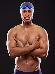 Image showing Studio, swimmer and portrait of man, strong and confident with health of body for competition. Professional, athlete and male person with aesthetic for sport, wellness and energy for training