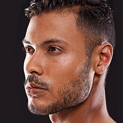 Image showing Thinking, skincare and man in studio closeup for wellness, dermatology or skin cleaning on black background.Calm, water and male model with masculine beauty idea, cosmetics or facial splash treatment