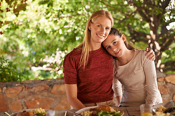 Image showing Portrait, hug and lunch with mother, girl and happiness with healthy meal and social gathering. Face, embrace and family with parent and mama with daughter and child with food and smile with nature