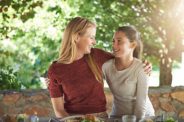 Image showing Outdoor, lunch and hug with mother, girl and smile with sunshine and family with healthy meal. Nature, mama and daughter with food or event with celebration and embrace with summer, happy or teenager