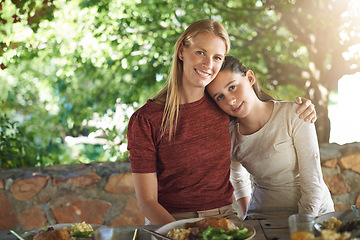 Image showing Portrait, hug and lunch with mother, daughter and happiness with healthy food and social gathering. Face, embrace and family with parent and mama with girl and child with meal and smile with sunshine