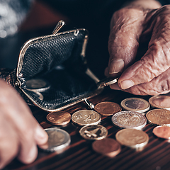 Image showing Detailed closeup photo of elderly 96 years old womans hands counting remaining coins from pension in her wallet after paying bills. Unsustainability of social transfers and pension system.