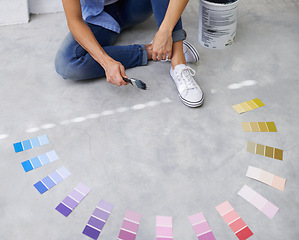 Image showing Feet, paint swatch and color for renovation in home, remodeling and maintenance in apartment. Person, floor and choice or decision for interior upgrade, diy and brush for house repairs or project