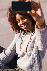 Image showing Smile, influencer and selfie of woman in city outdoor for social media vlog on internet in summer. Happy person, street and picture for photography, memory or blog for live streaming in urban town