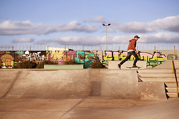 Image showing Man, skateboard and ramp in skatepark for summer, skate and recreation for fun and active for game or holiday. Young person and performing, trick and sports for wheel, move and action on mockup