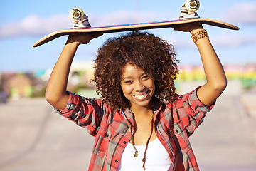 Image showing Portrait, smile or woman with skateboard on street in summer for sport, fashion or exercise outdoor in city. Happy person, skate park or face of gen z girl in casual clothes for style in South Africa