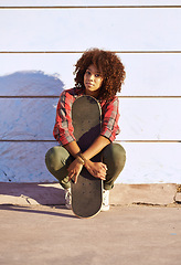 Image showing Skateboard, fashion and portrait of black woman for competition, hobby and exercise in skatepark. Skater, smile and face of female person for trendy, edgy and hipster clothing in San Francisco