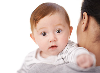 Image showing Studio, baby and portrait of infant with mother for adoption, care and bonding with child for development. Newborn, parent and face of girl for comfort, safety and support on white background