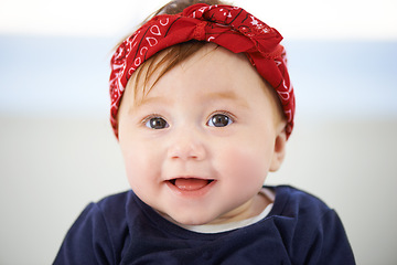 Image showing Portrait, happy and cheerful baby fashion in family home, cute and trendy street style on curious girl toddler. Creative, child development and growth, adorable headband accessory on smile kid