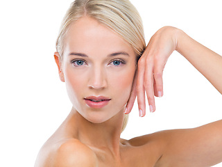 Image showing Cosmetic, beauty and portrait of woman in studio with dermatology, glow and facial treatment. Skincare, natural and female model with health, wellness and face routine isolated by white background.