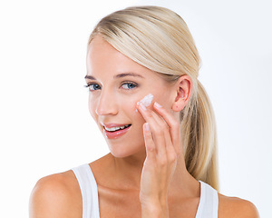 Image showing Woman, portrait and hand for skincare cream or dermatology health, wellbeing or treatment. Female person, facial and lotion self care or sunscreen protection on studio, white background or mockup