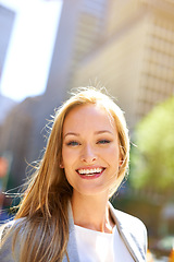 Image showing Smile, urban and portrait of businesswoman, city and professional for corporate employee. Confidence, happy and commute or travel to workplace in New York, business consultant and successful career